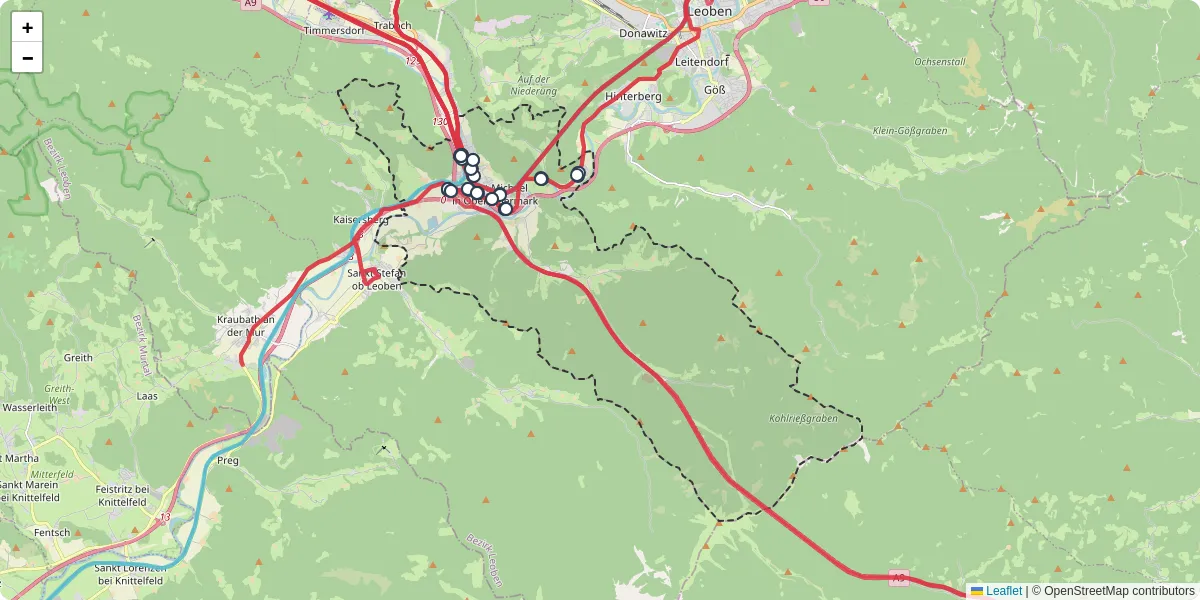 Nahverkehrsnetz in sankt-michael-in-obersteiermark, Österreich - Buslinien, Haltestellen und Verbindungen auf der Karte