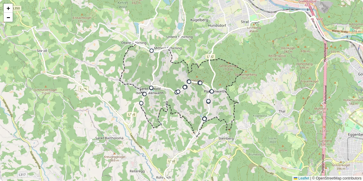 Nahverkehrsnetz in sankt-oswald-bei-plankenwarth, Österreich - Buslinien, Haltestellen und Verbindungen auf der Karte
