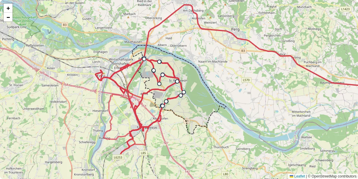 Nahverkehrsnetz in sankt-pantaleon-erla, Österreich - Buslinien, Haltestellen und Verbindungen auf der Karte
