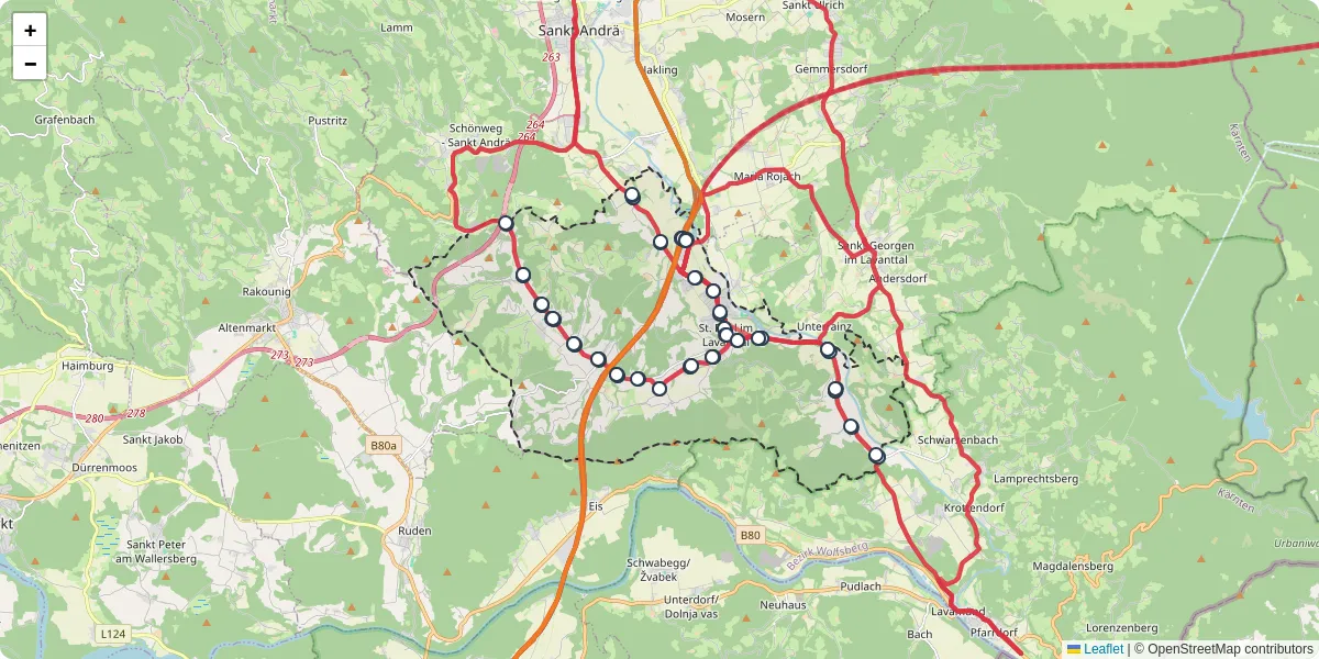 Nahverkehrsnetz in sankt-paul-im-lavanttal, Österreich - Buslinien, Haltestellen und Verbindungen auf der Karte
