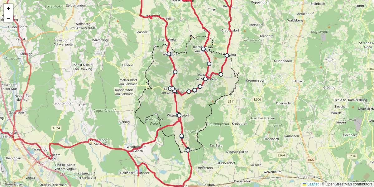 Nahverkehrsnetz in sankt-peter-am-ottersbach, Österreich - Buslinien, Haltestellen und Verbindungen auf der Karte