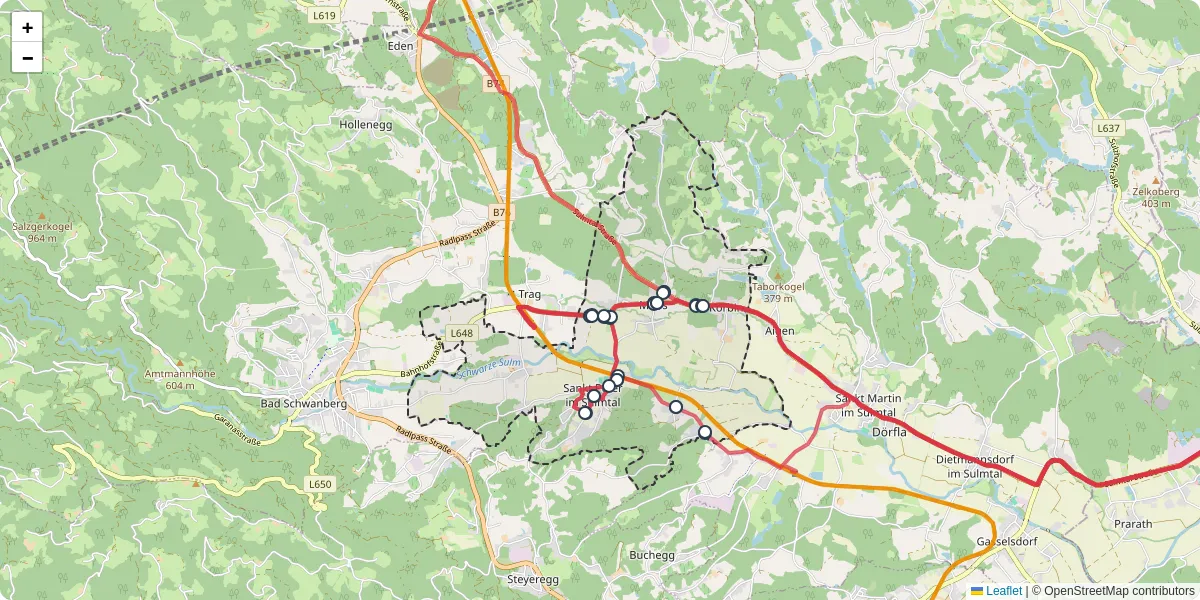 Nahverkehrsnetz in sankt-peter-im-sulmtal, Österreich - Buslinien, Haltestellen und Verbindungen auf der Karte