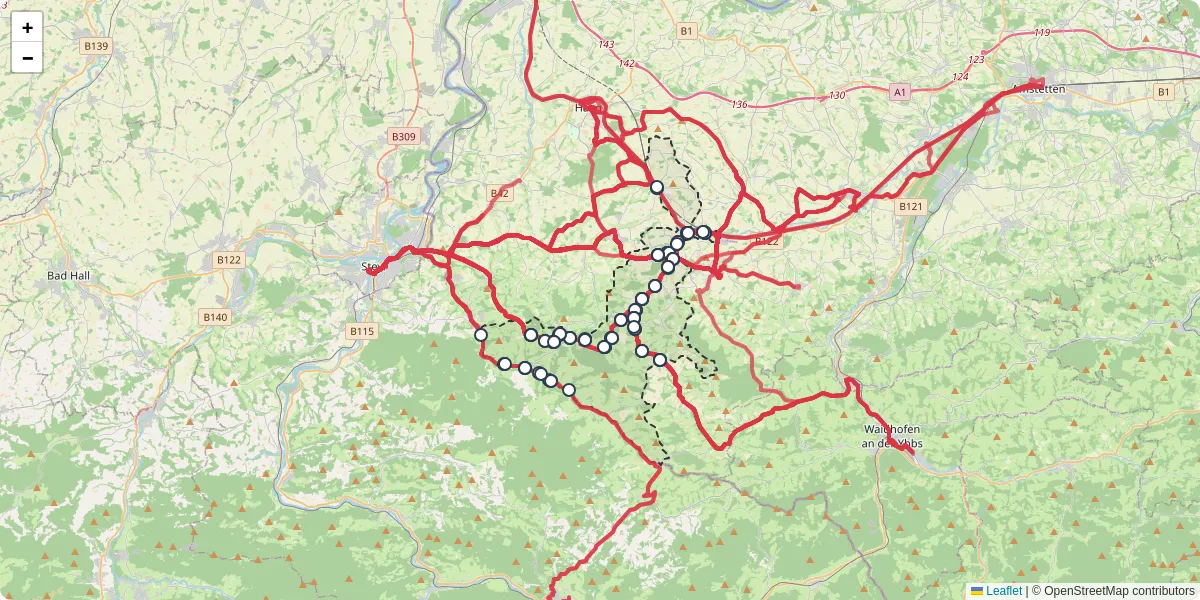 Nahverkehrsnetz in sankt-peter-in-der-au, Österreich - Buslinien, Haltestellen und Verbindungen auf der Karte