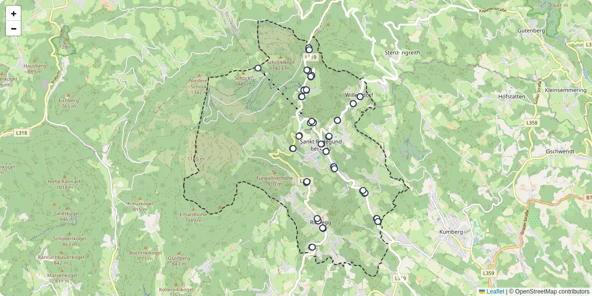Nahverkehrsnetz in sankt-radegund-bei-graz, Österreich - Buslinien, Haltestellen und Verbindungen auf der Karte