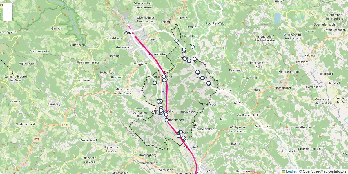 Nahverkehrsnetz in sankt-ruprecht-an-der-raab, Österreich - Buslinien, Haltestellen und Verbindungen auf der Karte