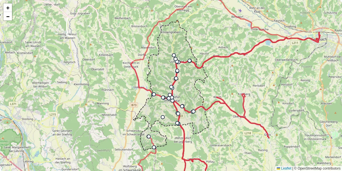 Nahverkehrsnetz in sankt-stefan-im-rosental, Österreich - Buslinien, Haltestellen und Verbindungen auf der Karte