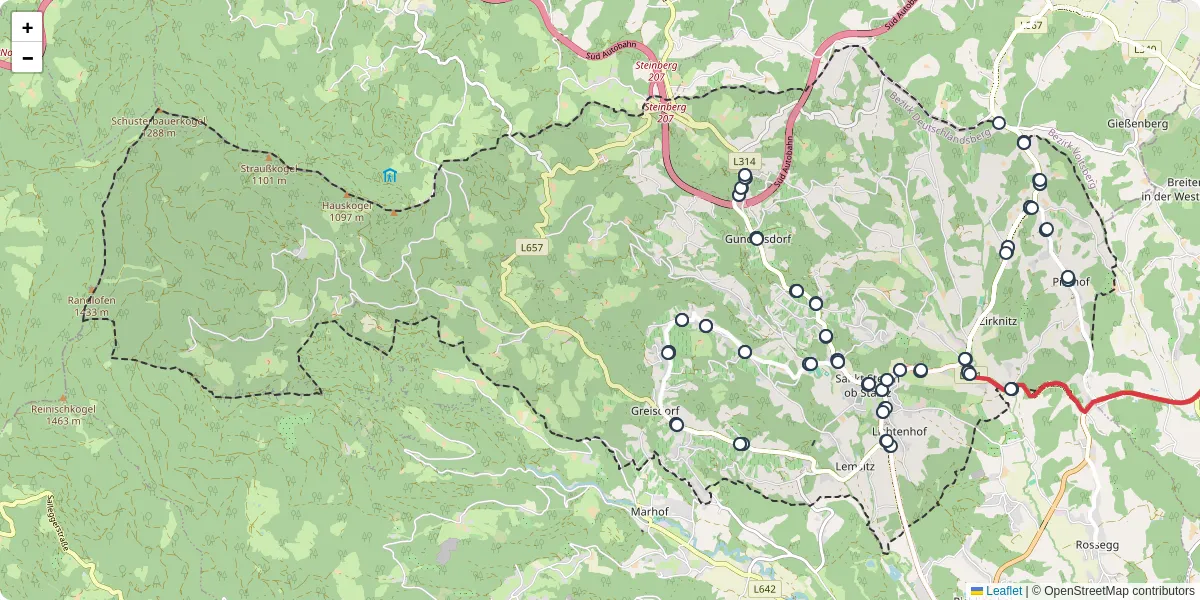 Nahverkehrsnetz in sankt-stefan-ob-stainz, Österreich - Buslinien, Haltestellen und Verbindungen auf der Karte
