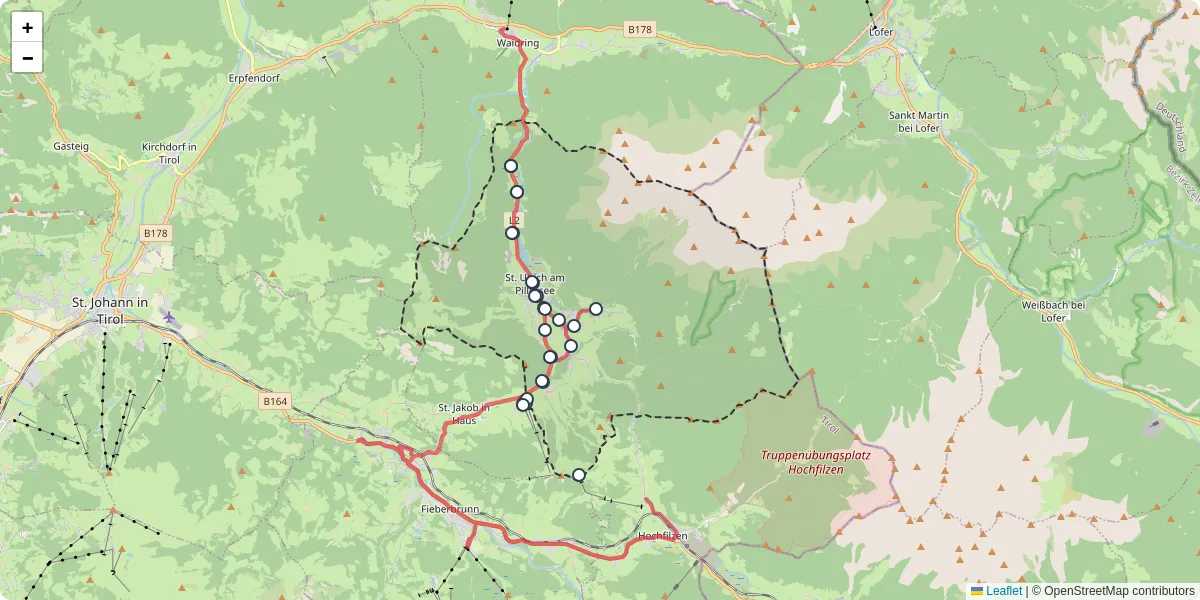 Nahverkehrsnetz in sankt-ulrich-am-pillersee, Österreich - Buslinien, Haltestellen und Verbindungen auf der Karte