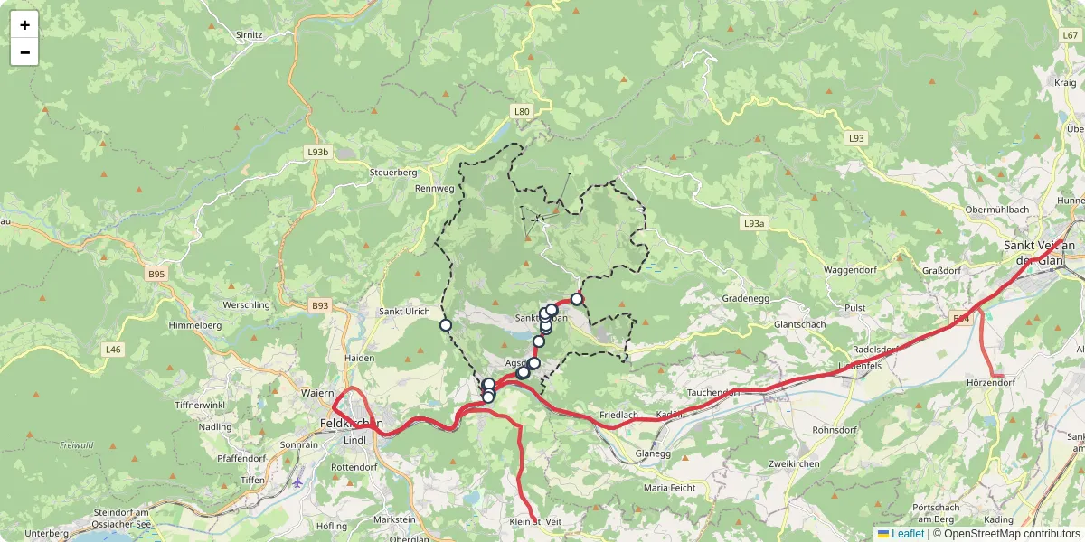 Nahverkehrsnetz in sankt-urban, Österreich - Buslinien, Haltestellen und Verbindungen auf der Karte