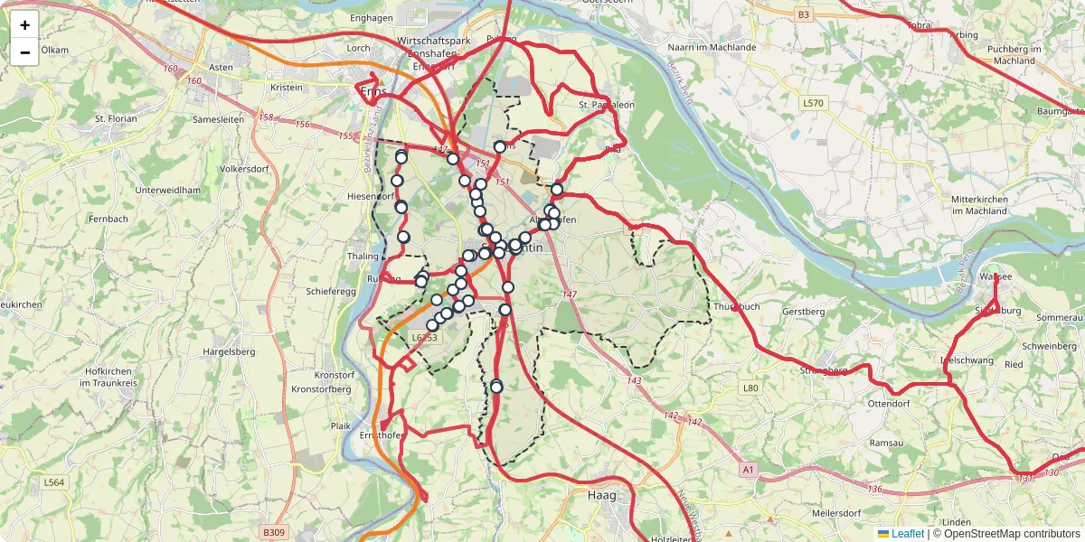 Nahverkehrsnetz in sankt-valentin, Österreich - Buslinien, Haltestellen und Verbindungen auf der Karte