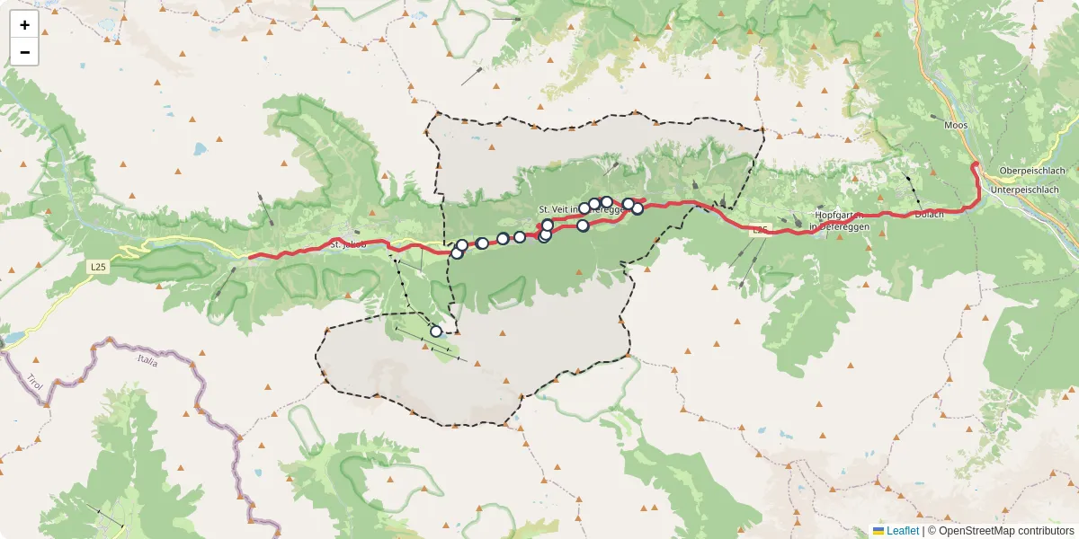 Nahverkehrsnetz in sankt-veit-in-defereggen, Österreich - Buslinien, Haltestellen und Verbindungen auf der Karte