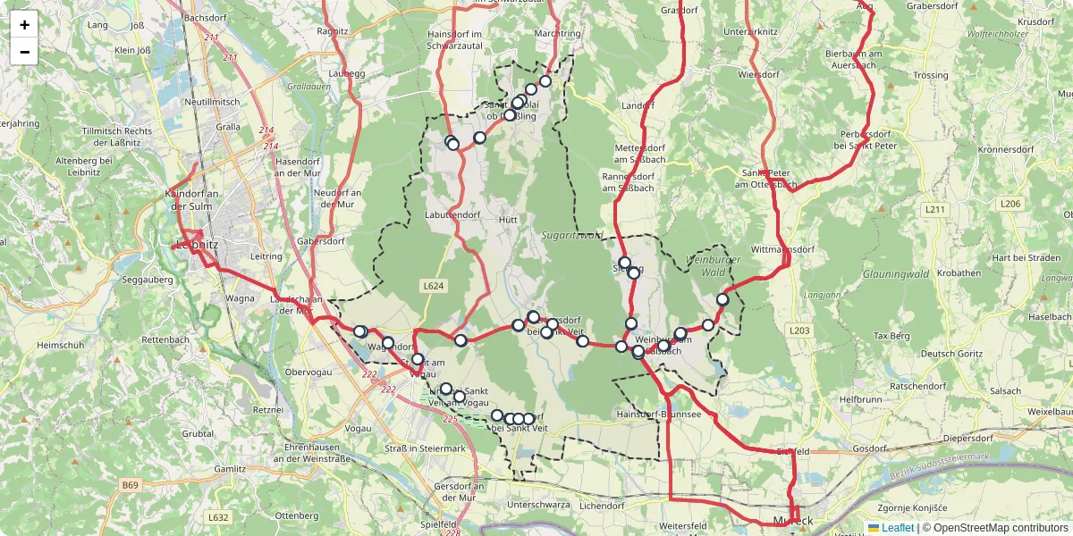 Nahverkehrsnetz in sankt-veit-in-der-sudsteiermark, Österreich - Buslinien, Haltestellen und Verbindungen auf der Karte