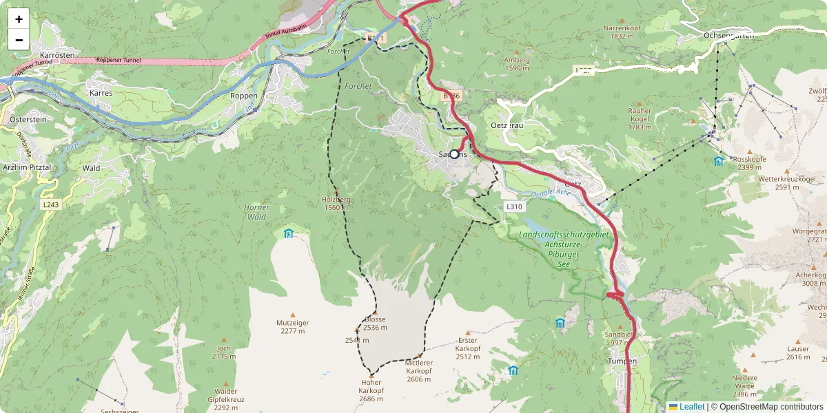 Nahverkehrsnetz in sautens, Österreich - Buslinien, Haltestellen und Verbindungen auf der Karte