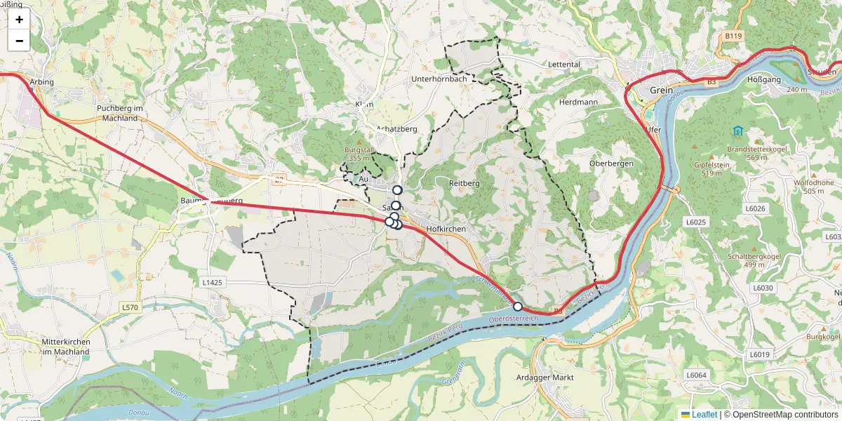 Nahverkehrsnetz in saxen, Österreich - Buslinien, Haltestellen und Verbindungen auf der Karte