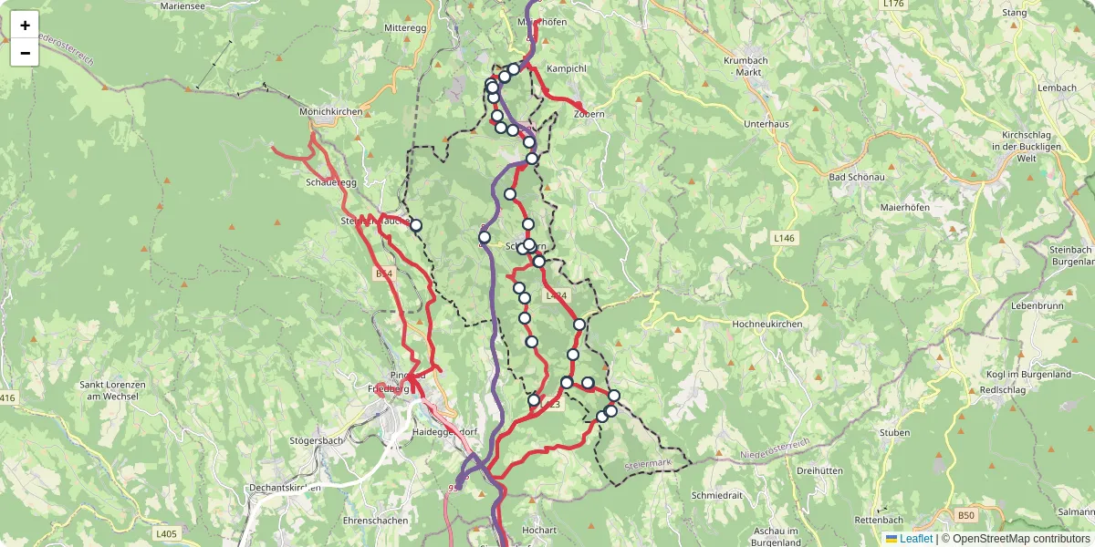 Nahverkehrsnetz in schaffern, Österreich - Buslinien, Haltestellen und Verbindungen auf der Karte
