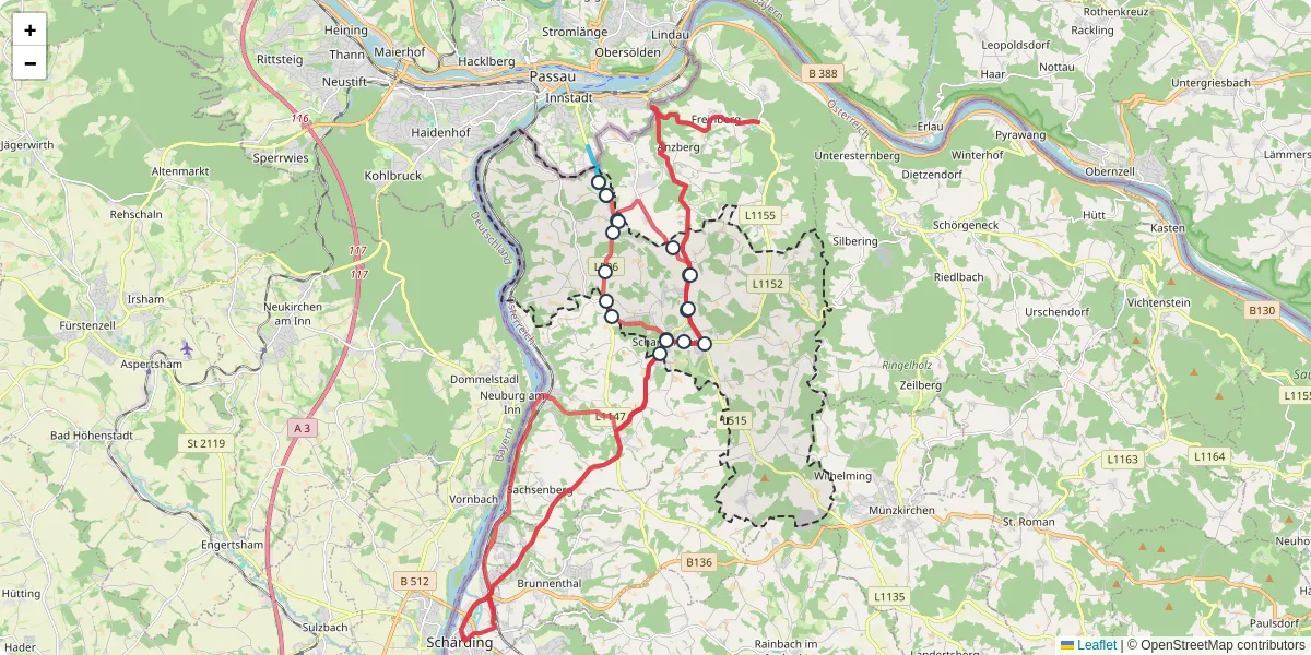 Nahverkehrsnetz in schardenberg, Österreich - Buslinien, Haltestellen und Verbindungen auf der Karte