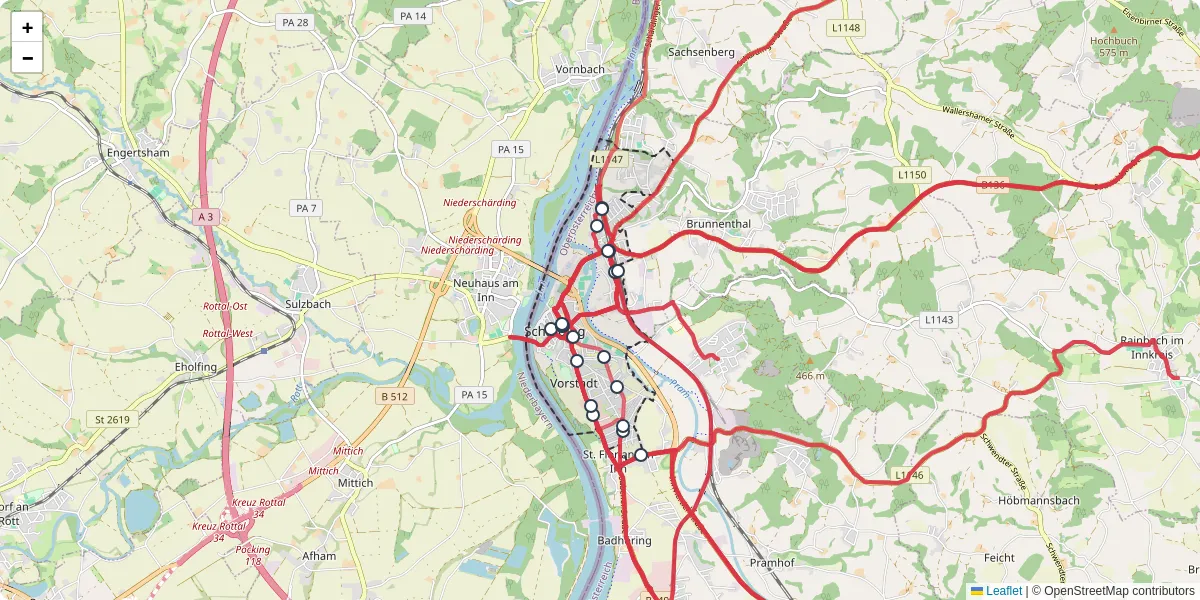 Nahverkehrsnetz in scharding, Österreich - Buslinien, Haltestellen und Verbindungen auf der Karte