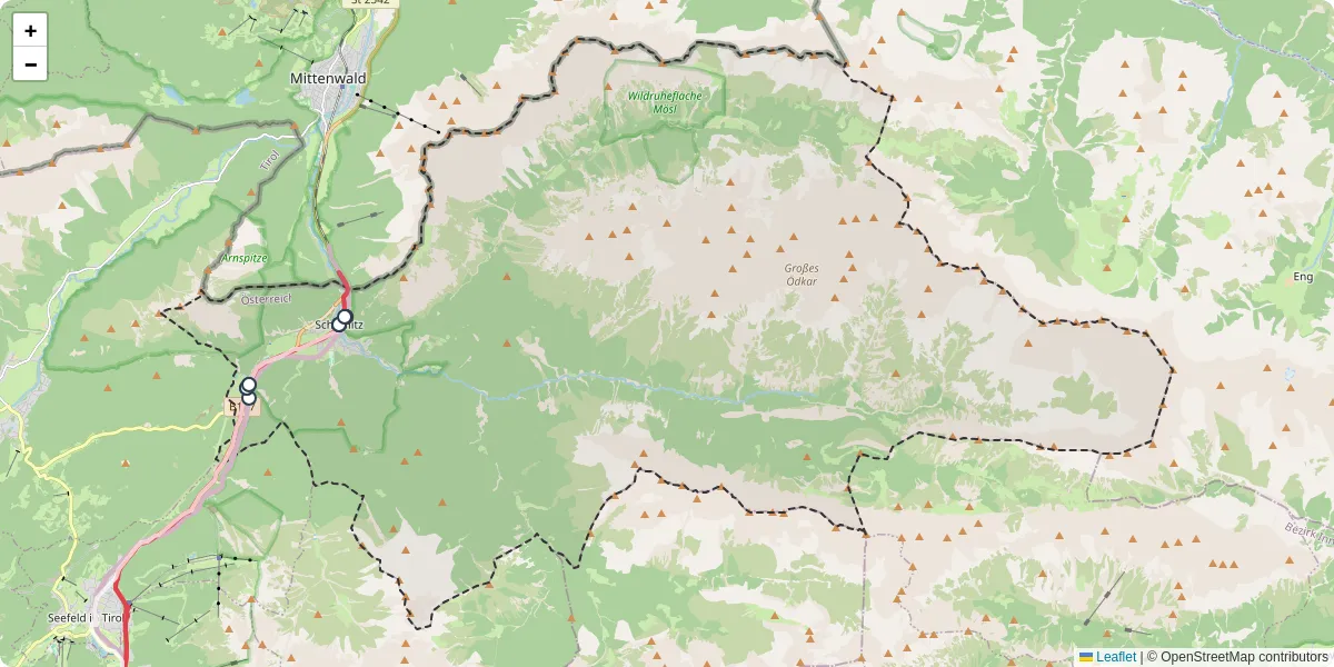 Nahverkehrsnetz in scharnitz, Österreich - Buslinien, Haltestellen und Verbindungen auf der Karte