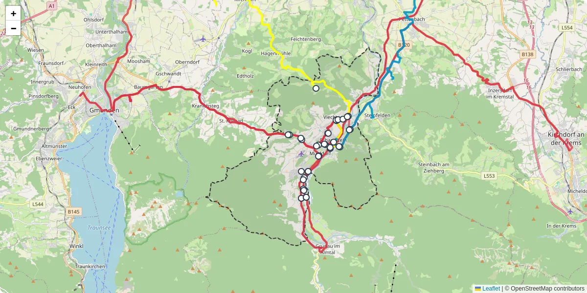 Nahverkehrsnetz in scharnstein, Österreich - Buslinien, Haltestellen und Verbindungen auf der Karte
