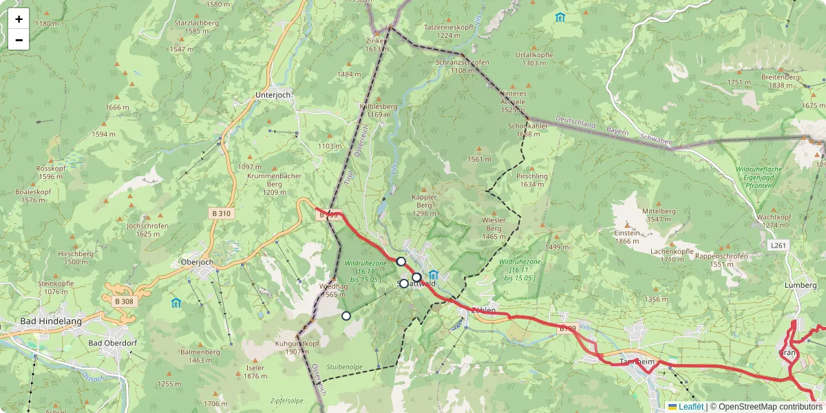 Nahverkehrsnetz in schattwald, Österreich - Buslinien, Haltestellen und Verbindungen auf der Karte