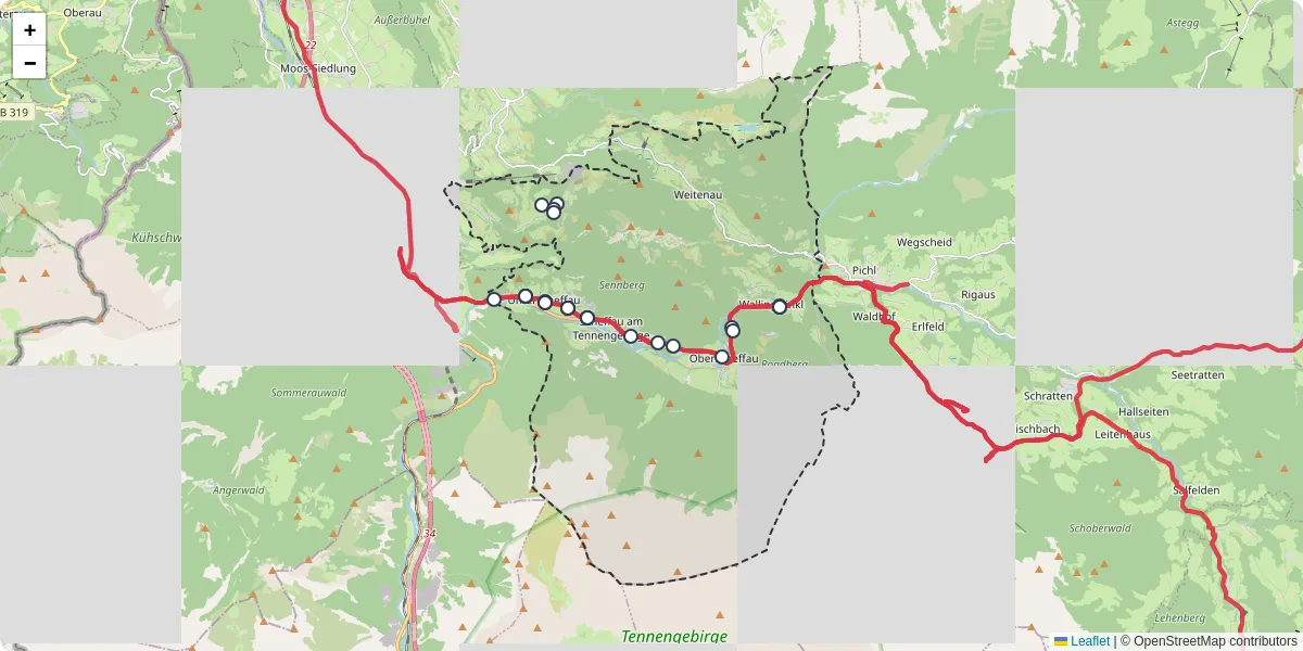 Nahverkehrsnetz in scheffau-am-tennengebirge, Österreich - Buslinien, Haltestellen und Verbindungen auf der Karte