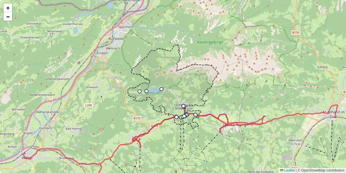 Nahverkehrsnetz in scheffau-am-wilden-kaiser, Österreich - Buslinien, Haltestellen und Verbindungen auf der Karte