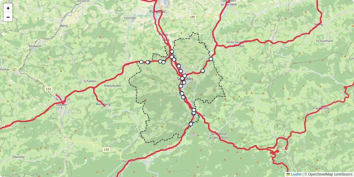 Nahverkehrsnetz in scheibbs, Österreich - Buslinien, Haltestellen und Verbindungen auf der Karte