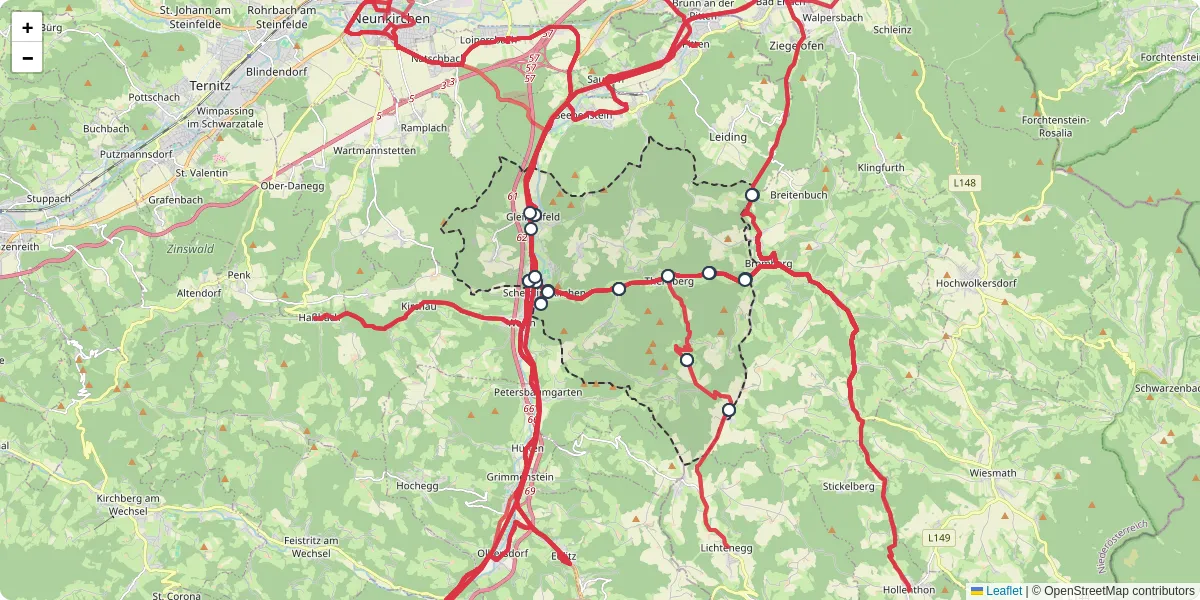 Nahverkehrsnetz in scheiblingkirchen-thernberg, Österreich - Buslinien, Haltestellen und Verbindungen auf der Karte