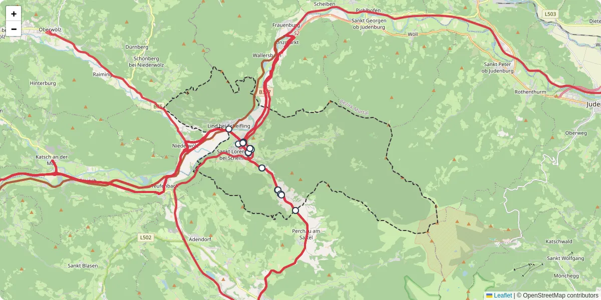 Nahverkehrsnetz in scheifling, Österreich - Buslinien, Haltestellen und Verbindungen auf der Karte