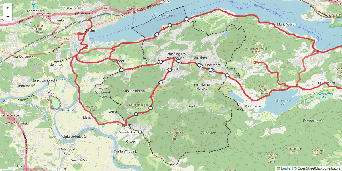Nahverkehrsnetz in schiefling-am-worthersee, Österreich - Buslinien, Haltestellen und Verbindungen auf der Karte