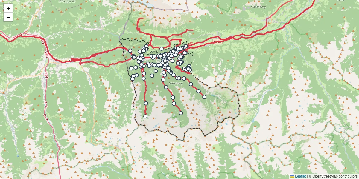 Nahverkehrsnetz in schladming, Österreich - Buslinien, Haltestellen und Verbindungen auf der Karte