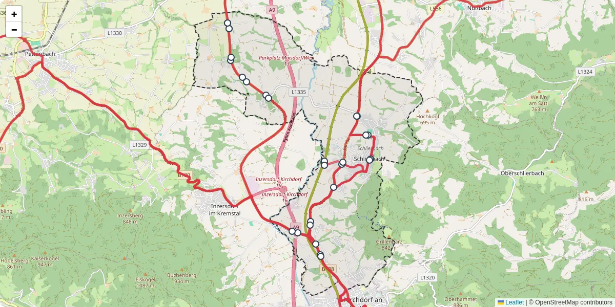 Nahverkehrsnetz in schlierbach, Österreich - Buslinien, Haltestellen und Verbindungen auf der Karte