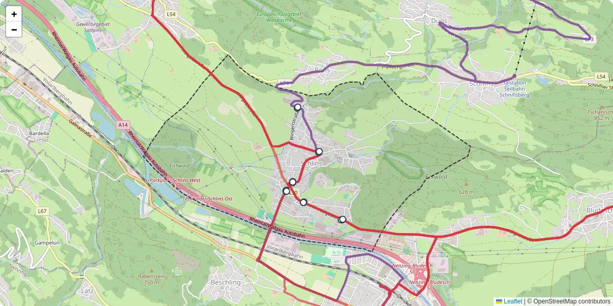 Nahverkehrsnetz in schlins, Österreich - Buslinien, Haltestellen und Verbindungen auf der Karte