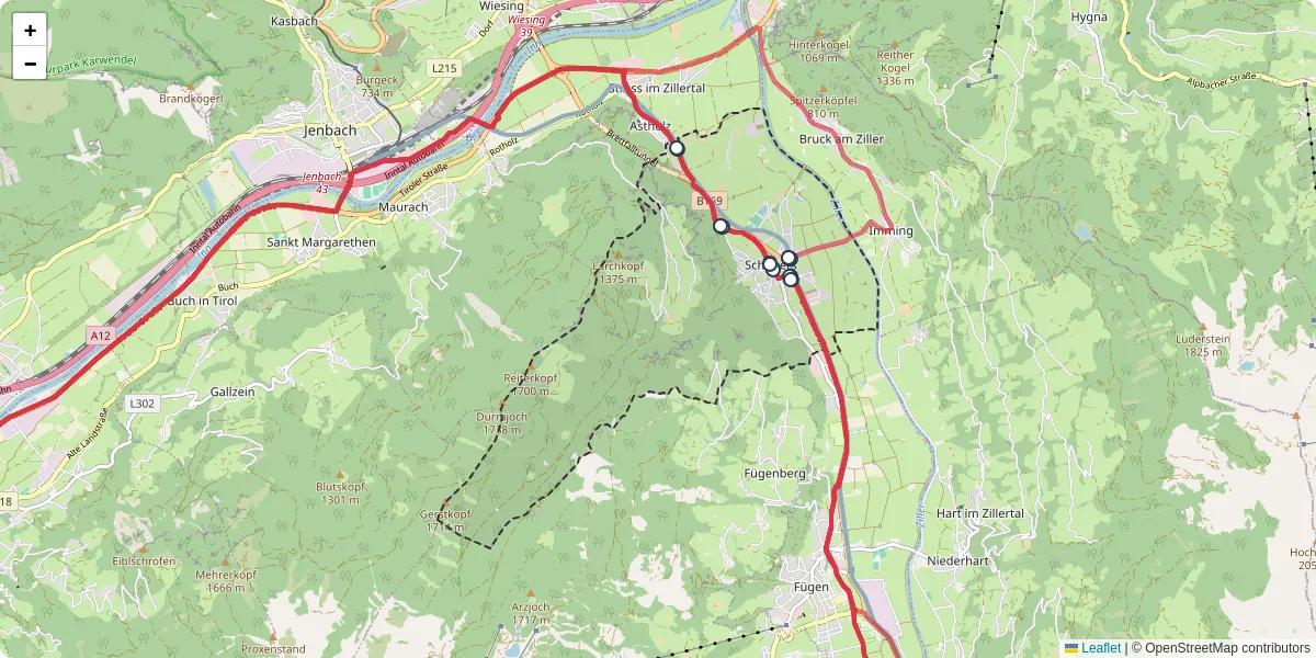 Nahverkehrsnetz in schlitters, Österreich - Buslinien, Haltestellen und Verbindungen auf der Karte