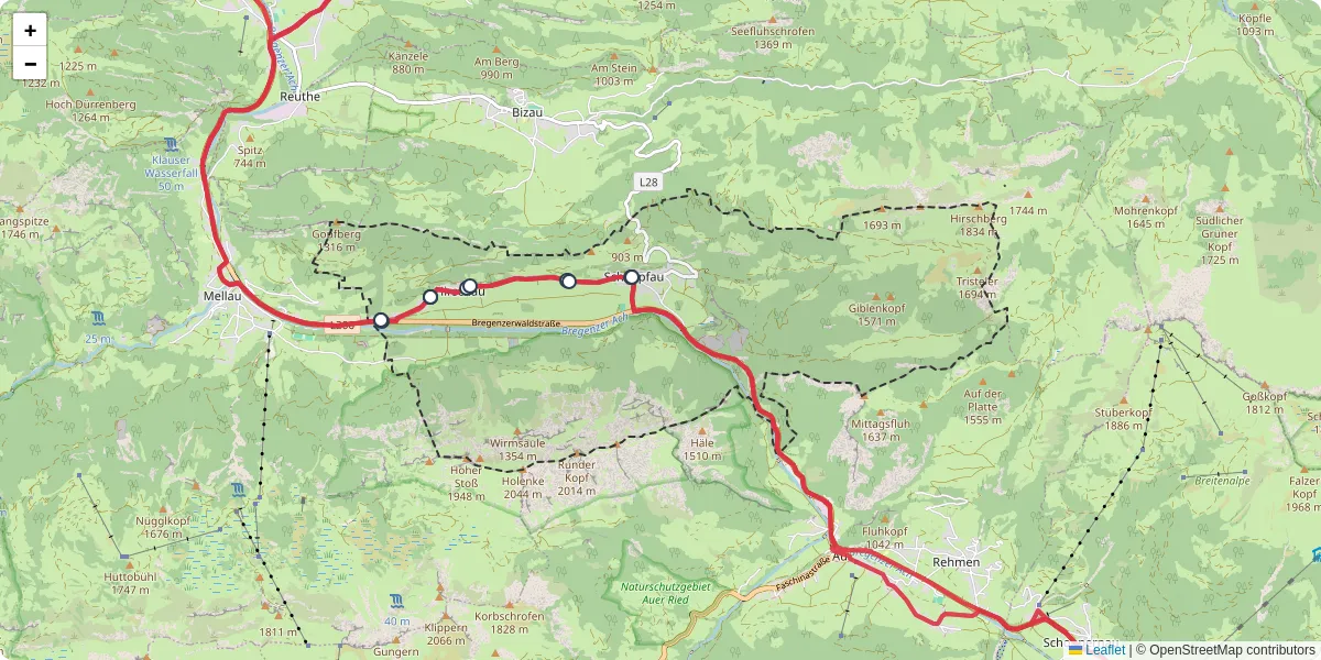 Nahverkehrsnetz in schnepfau, Österreich - Buslinien, Haltestellen und Verbindungen auf der Karte