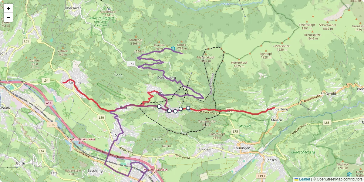 Nahverkehrsnetz in schnifis, Österreich - Buslinien, Haltestellen und Verbindungen auf der Karte