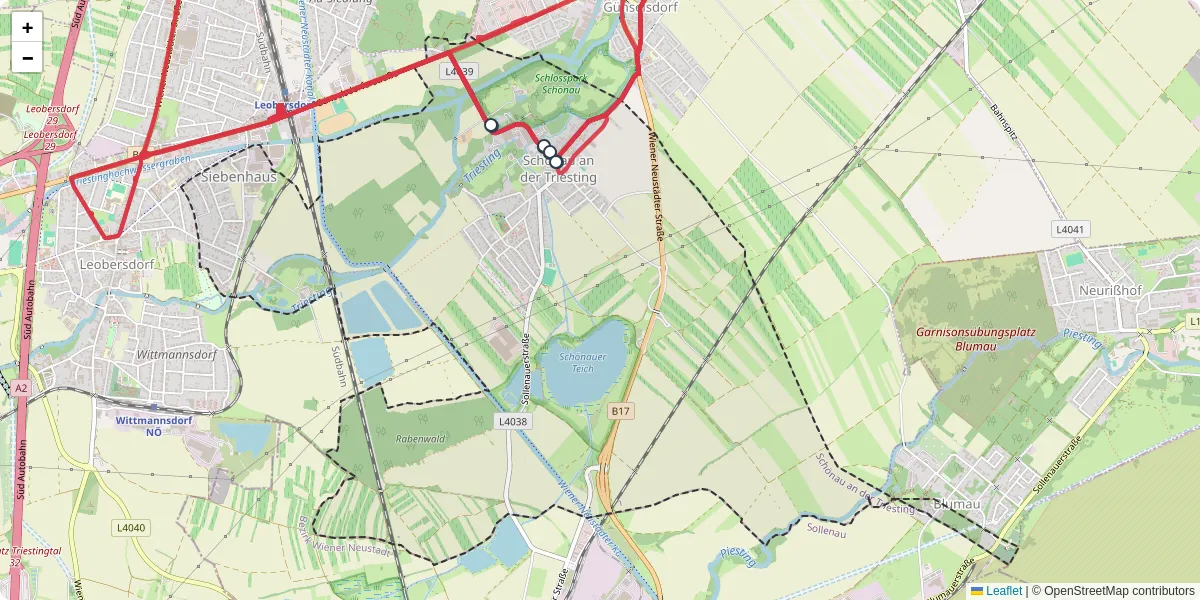 Nahverkehrsnetz in schonau-an-der-triesting, Österreich - Buslinien, Haltestellen und Verbindungen auf der Karte
