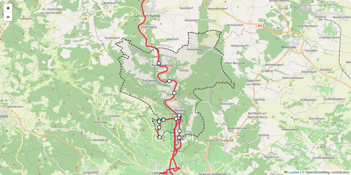 Nahverkehrsnetz in schonberg-am-kamp, Österreich - Buslinien, Haltestellen und Verbindungen auf der Karte