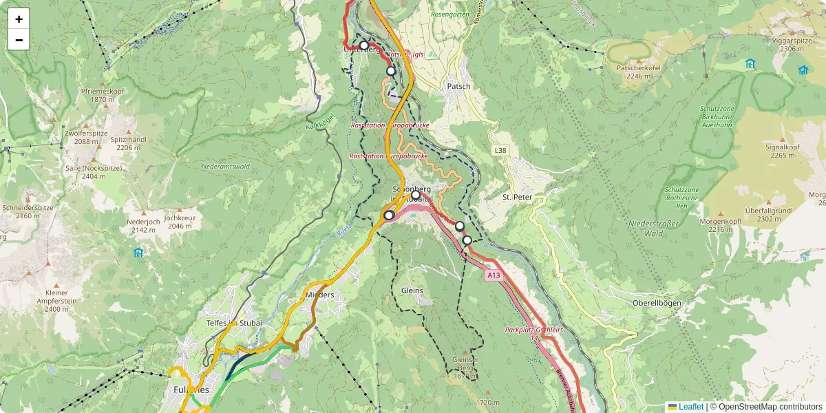 Nahverkehrsnetz in schonberg-im-stubaital, Österreich - Buslinien, Haltestellen und Verbindungen auf der Karte