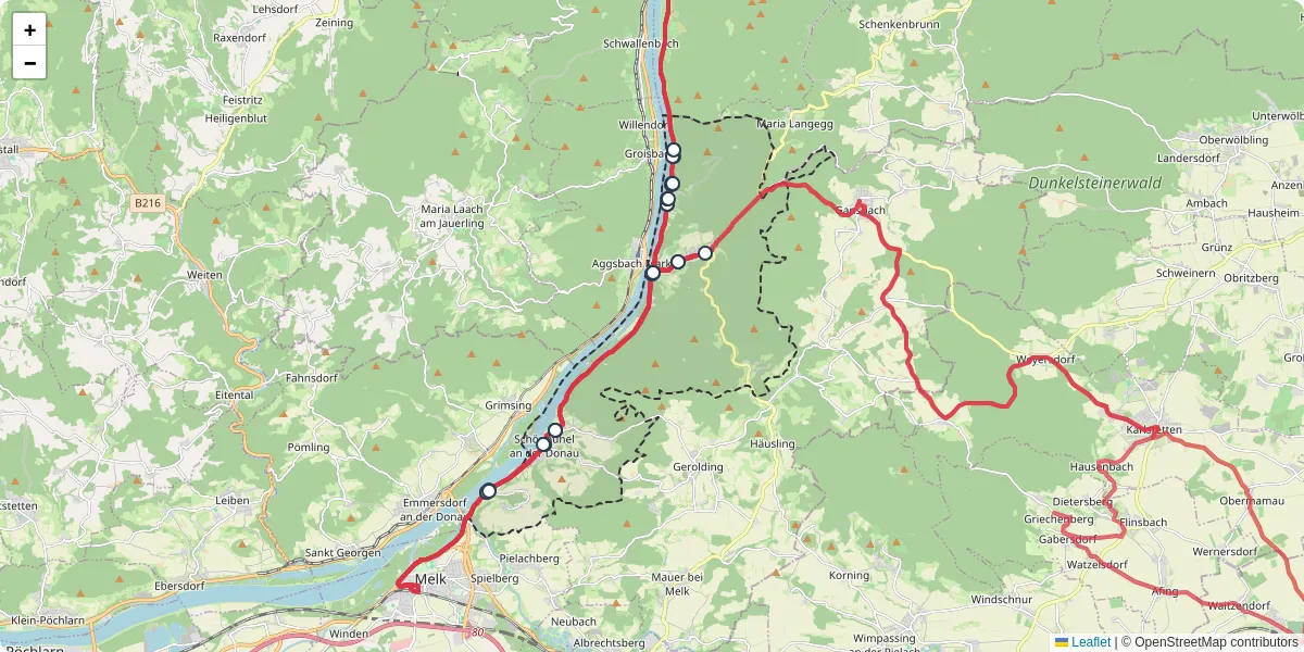 Nahverkehrsnetz in schonbuhel-aggsbach, Österreich - Buslinien, Haltestellen und Verbindungen auf der Karte