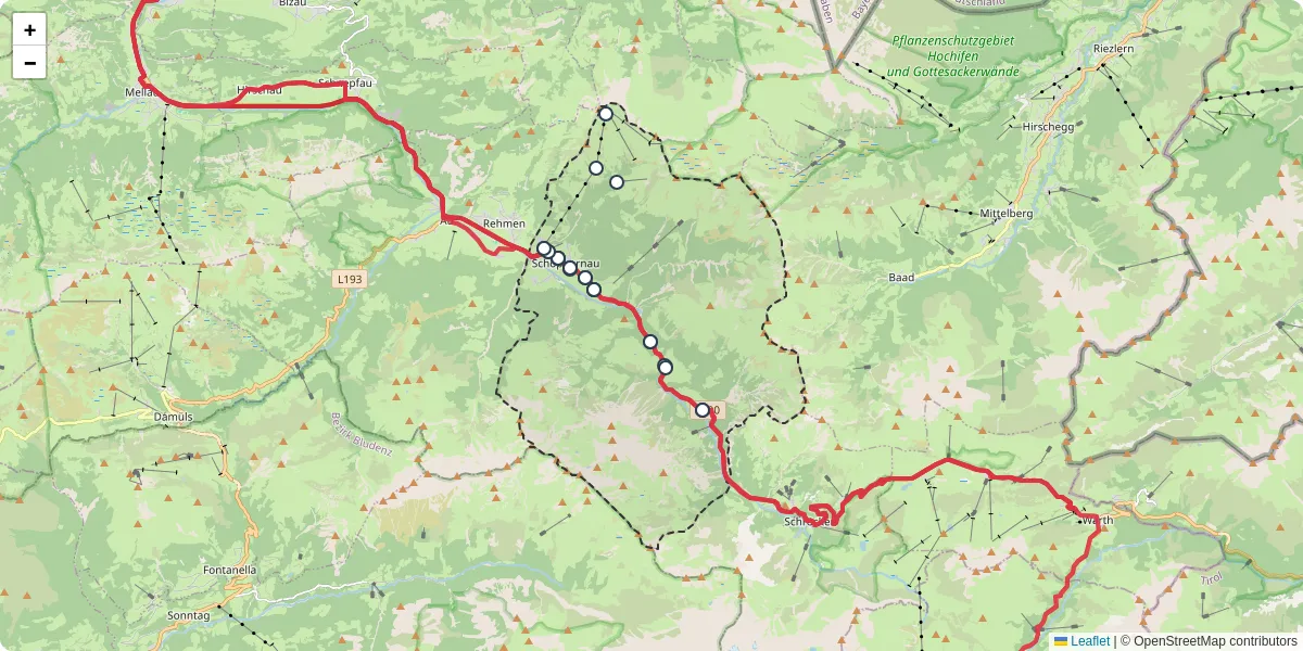 Nahverkehrsnetz in schoppernau, Österreich - Buslinien, Haltestellen und Verbindungen auf der Karte