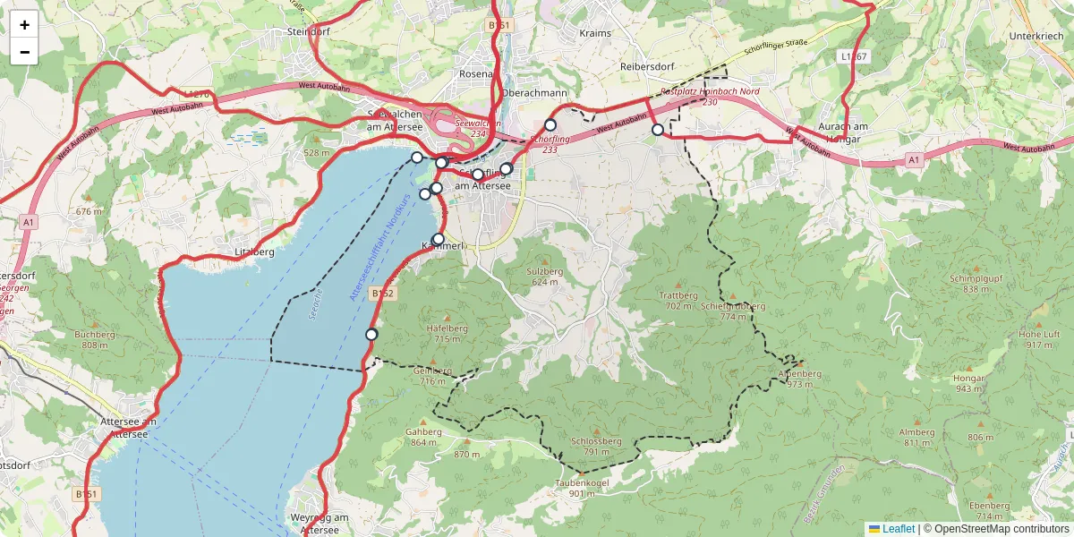 Nahverkehrsnetz in schorfling-am-attersee, Österreich - Buslinien, Haltestellen und Verbindungen auf der Karte