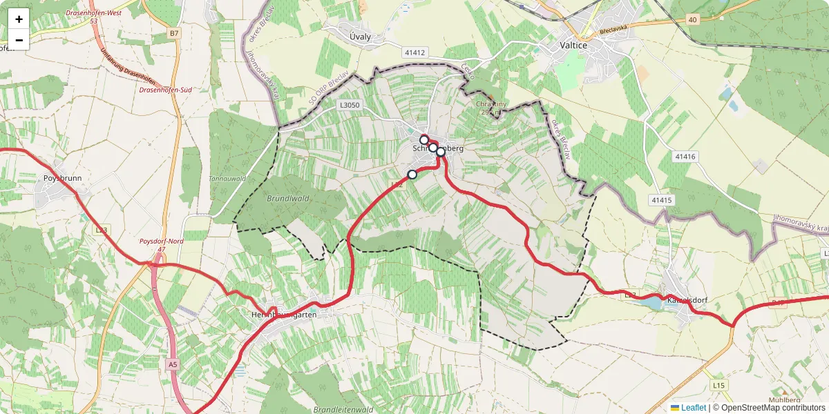 Nahverkehrsnetz in schrattenberg, Österreich - Buslinien, Haltestellen und Verbindungen auf der Karte