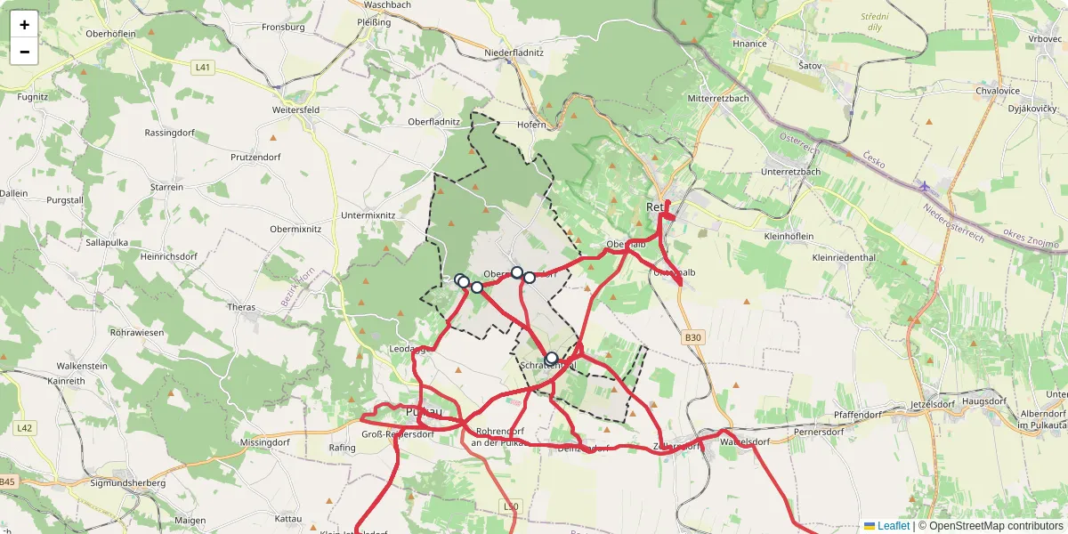 Nahverkehrsnetz in schrattenthal, Österreich - Buslinien, Haltestellen und Verbindungen auf der Karte