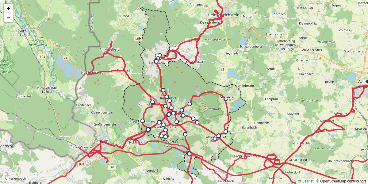 Nahverkehrsnetz in schrems, Österreich - Buslinien, Haltestellen und Verbindungen auf der Karte