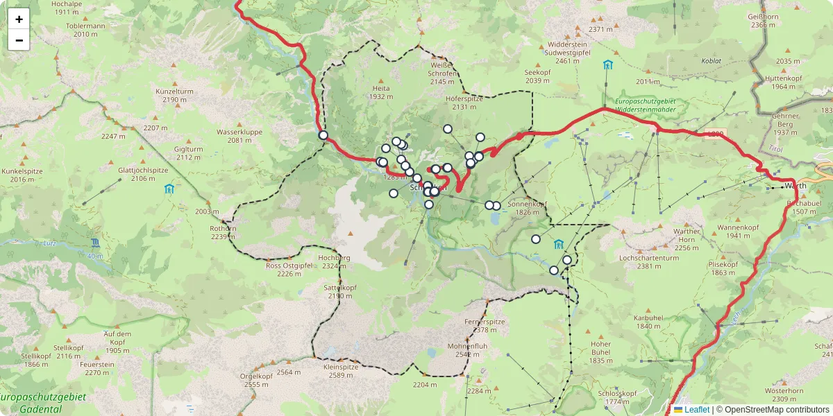Nahverkehrsnetz in schrocken, Österreich - Buslinien, Haltestellen und Verbindungen auf der Karte