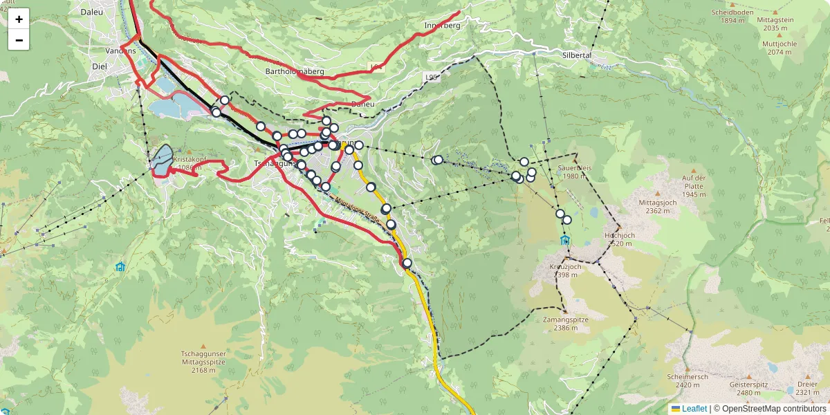 Nahverkehrsnetz in schruns, Österreich - Buslinien, Haltestellen und Verbindungen auf der Karte