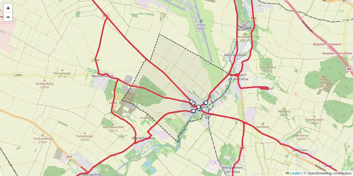 Nahverkehrsnetz in schwadorf, Österreich - Buslinien, Haltestellen und Verbindungen auf der Karte