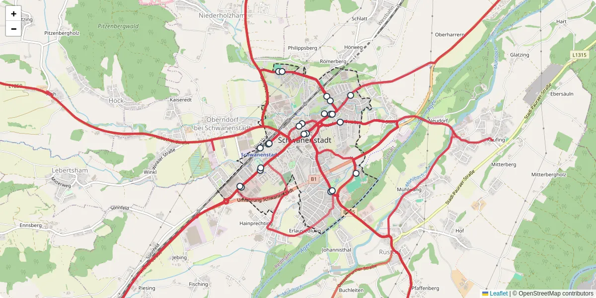 Nahverkehrsnetz in schwanenstadt, Österreich - Buslinien, Haltestellen und Verbindungen auf der Karte