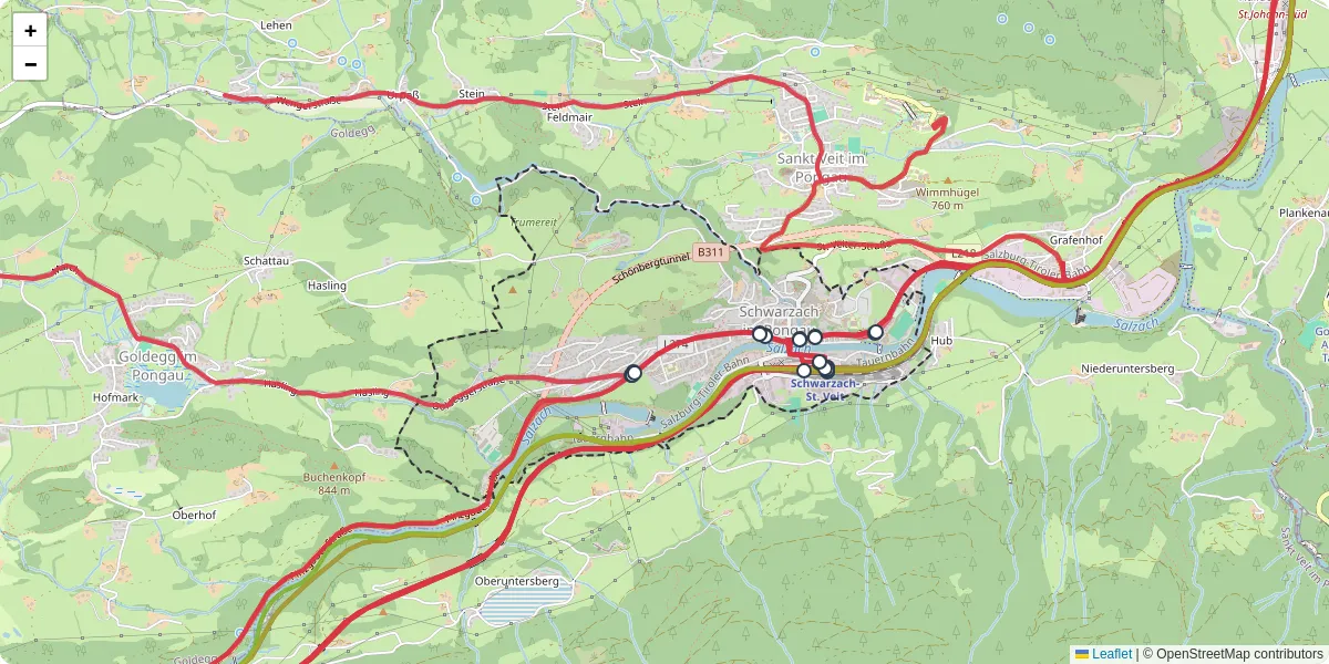 Nahverkehrsnetz in schwarzach-im-pongau, Österreich - Buslinien, Haltestellen und Verbindungen auf der Karte